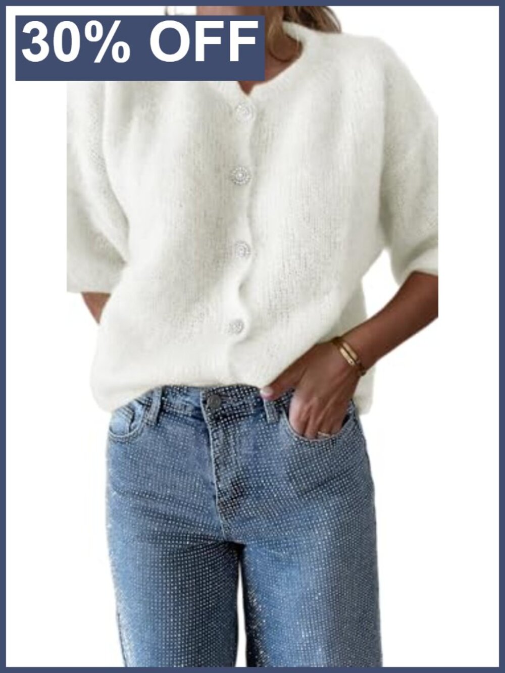 Wool Blend Knit Puff Short Sleeve Rhinestone Button Cardigan Sweater